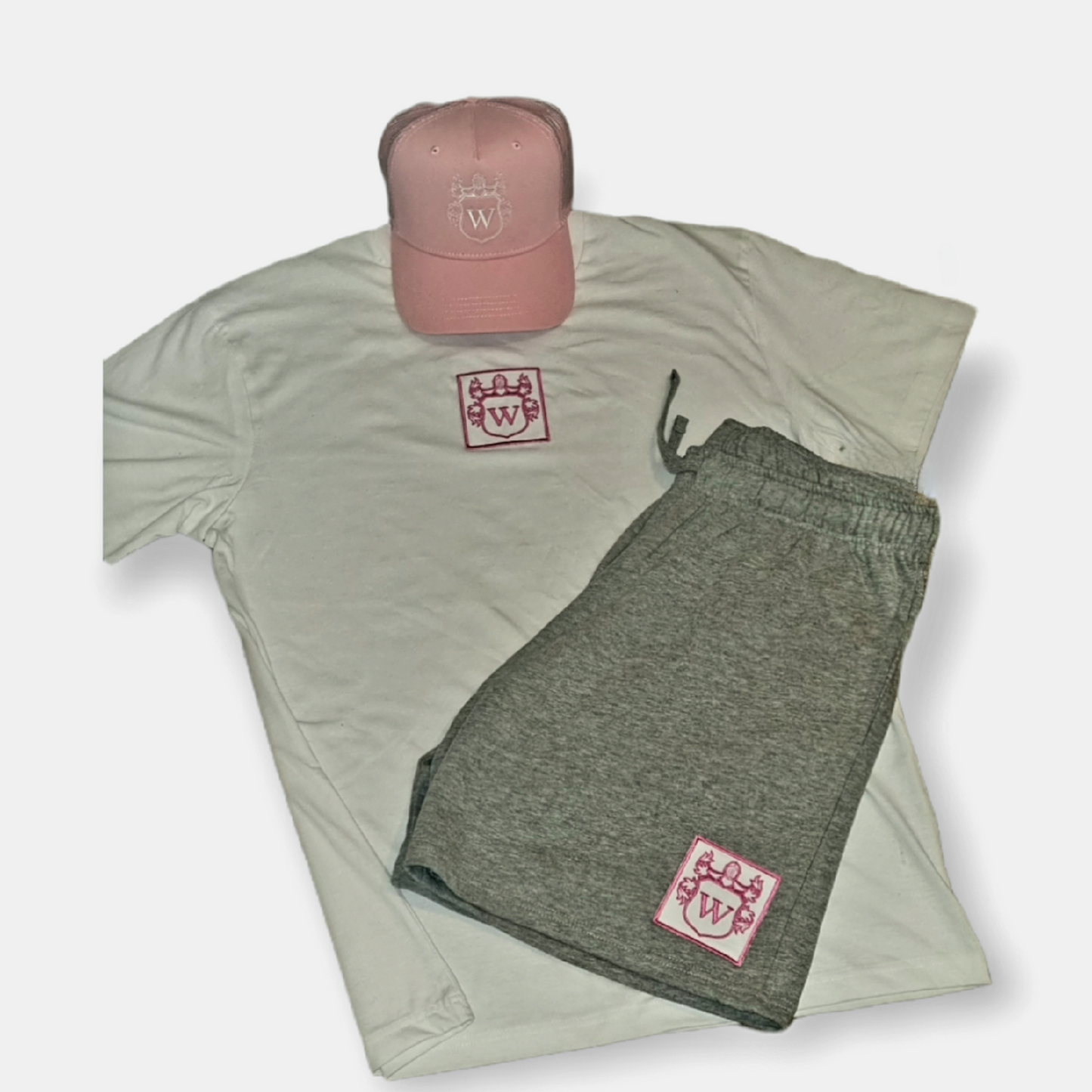 Westbound pink patch grey track shorts